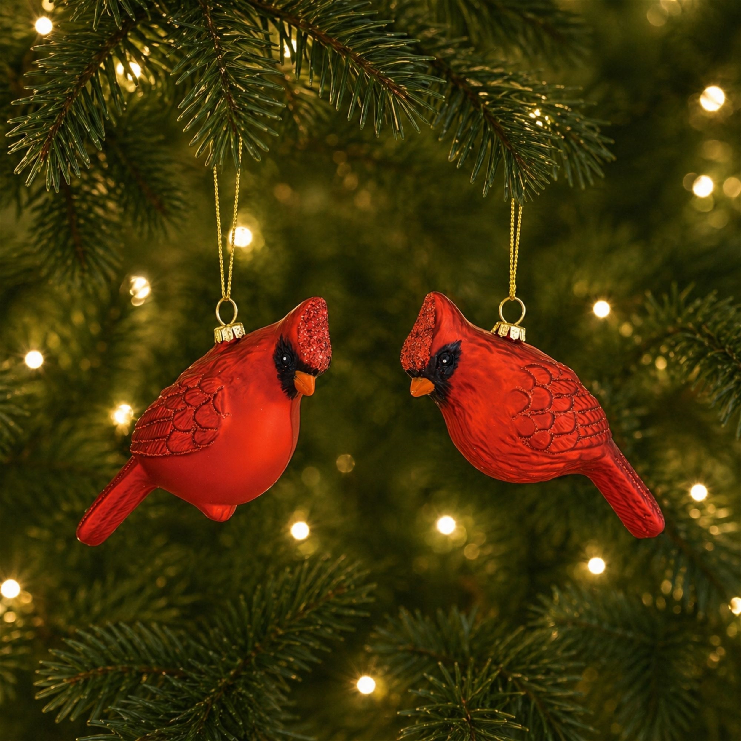 Red cardinal ornaments nestled in a Christmas tree with warm twinkling lights