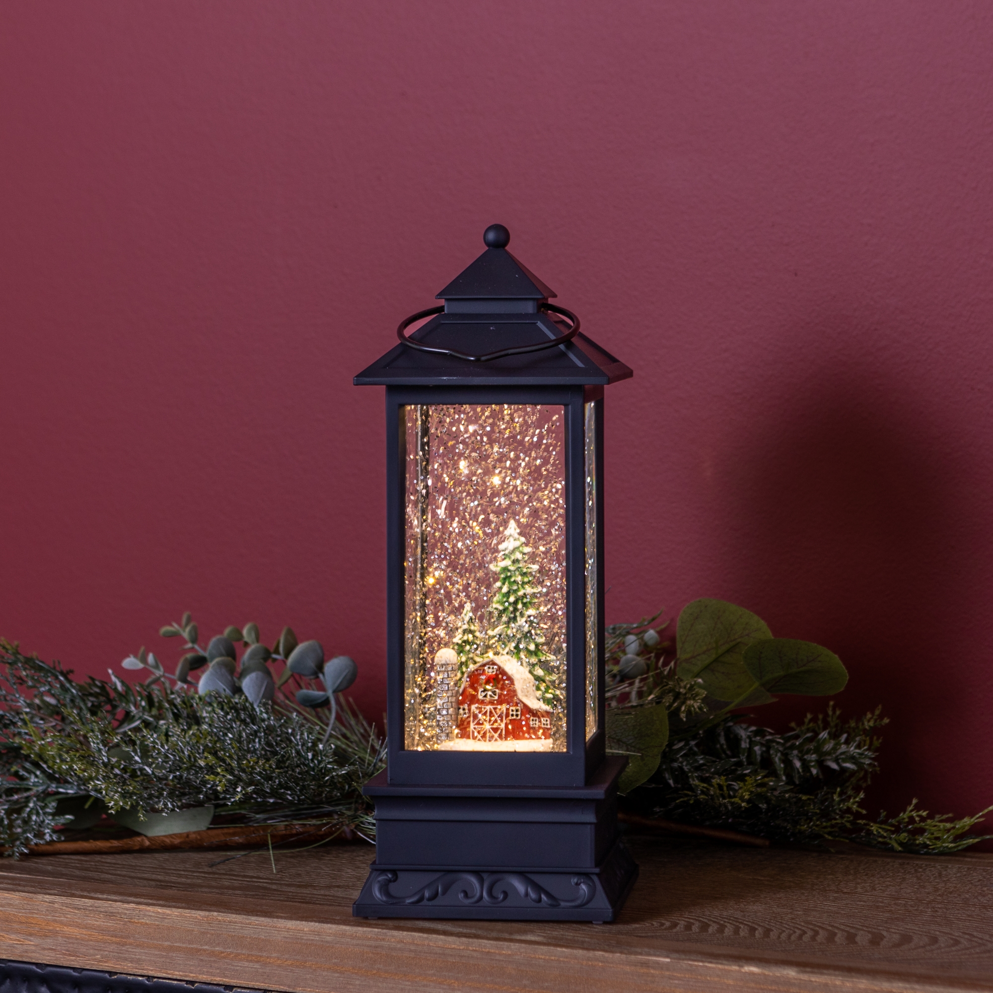 Lantern Snow Globe with Barn 10.5