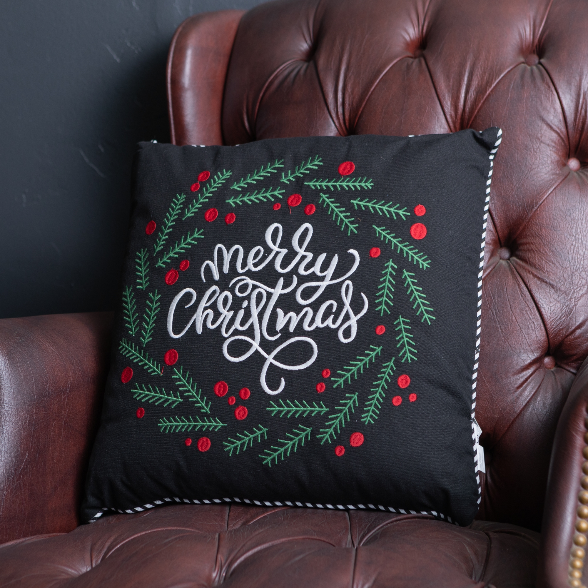 Merry Christmas and Pine Wreath Pillow 15