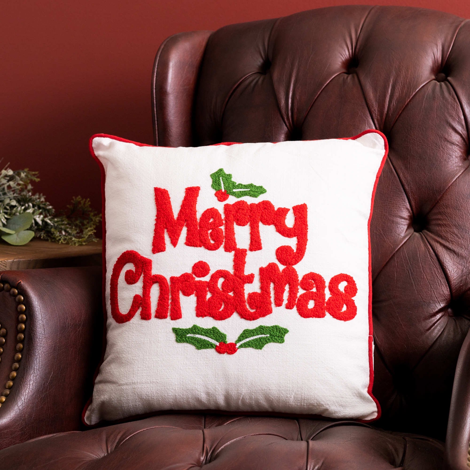 Merry Christmas and Holly Pillow 16