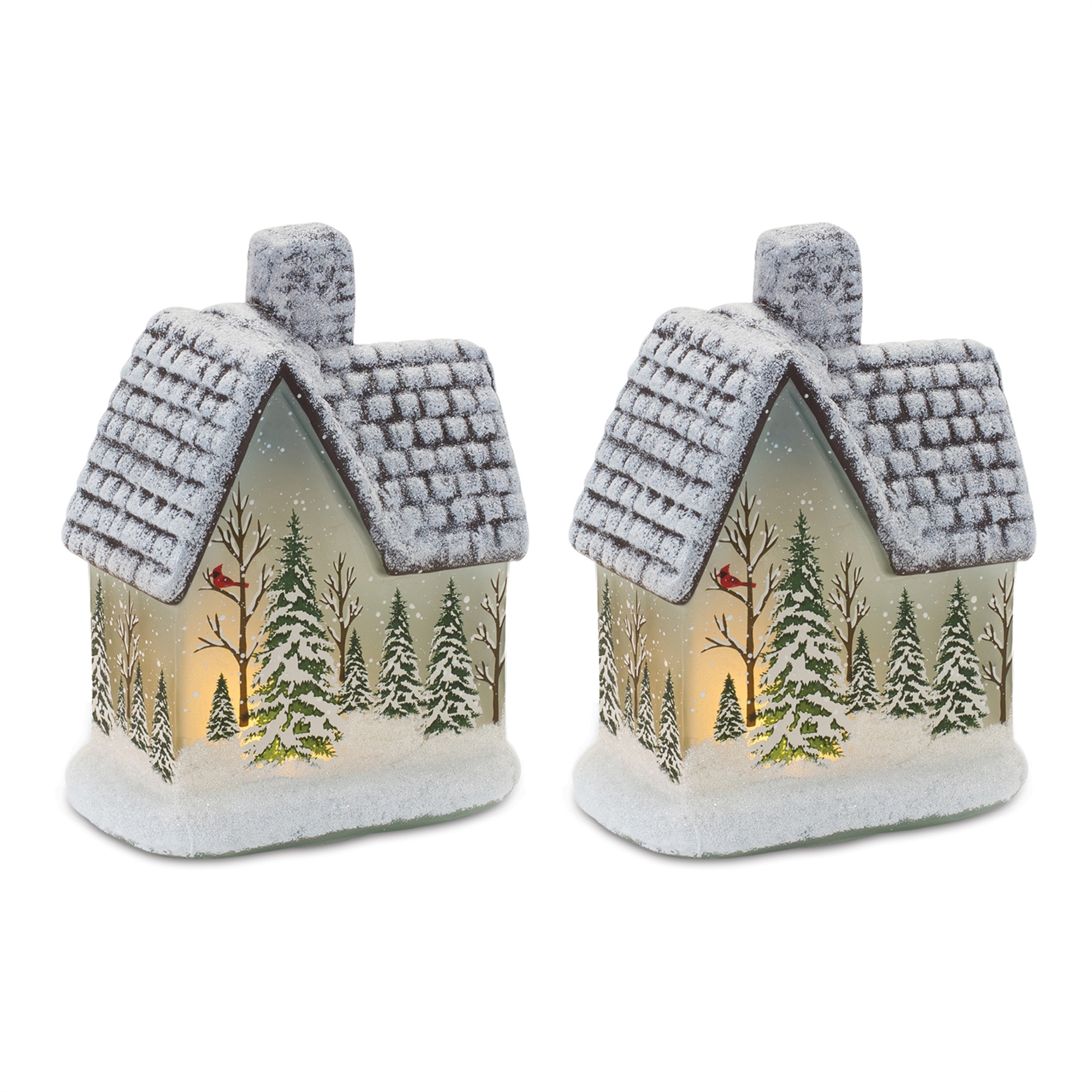 House w/Trees and Cardinal (Set of 2) 7.5