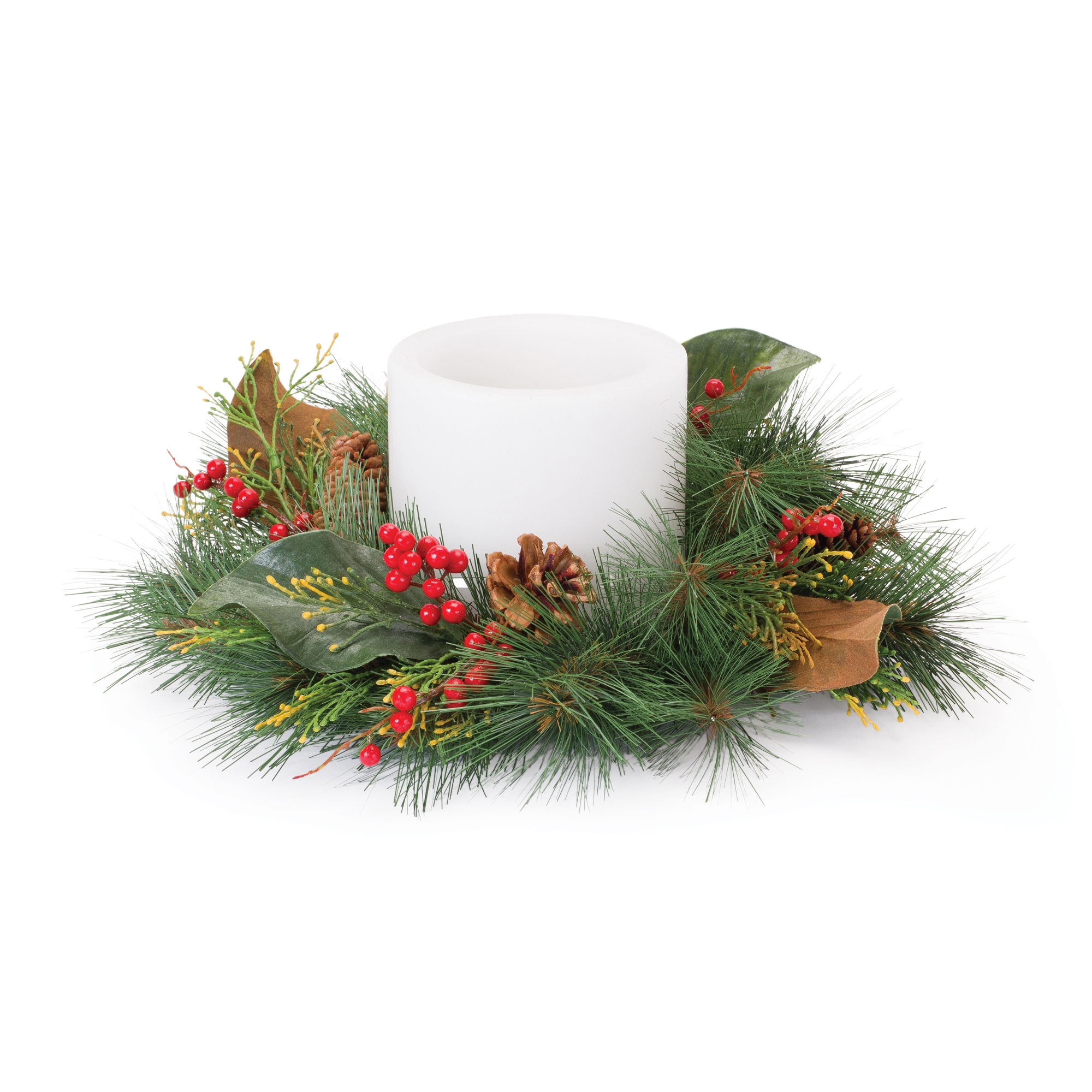 Pine w/Magnolia Leaf & Berry Candle Ring (Set of 2) 16