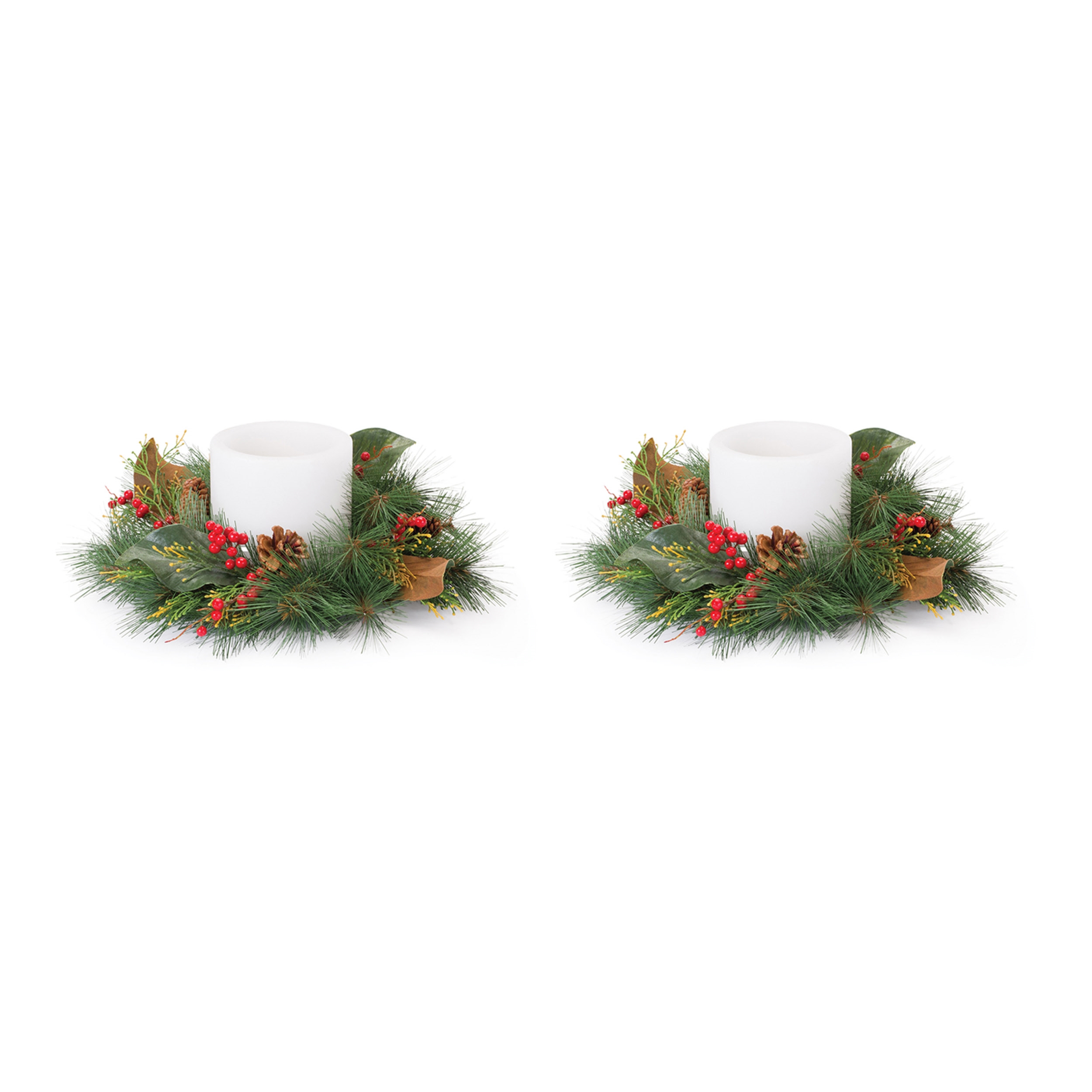 Pine w/Magnolia Leaf & Berry Candle Ring (Set of 2) 16
