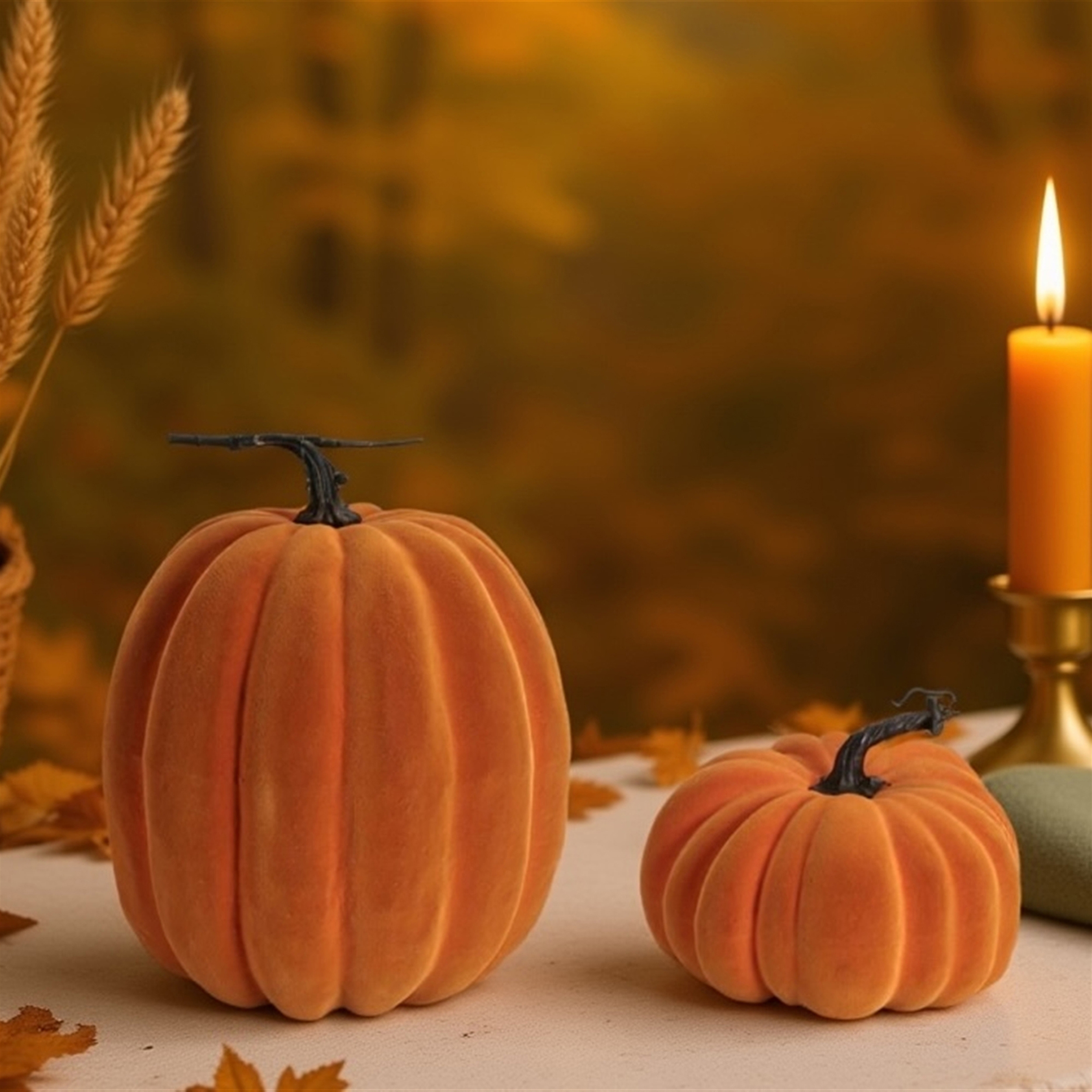 Velvet orange pumpkins styled with autumn foliage and candlelight
